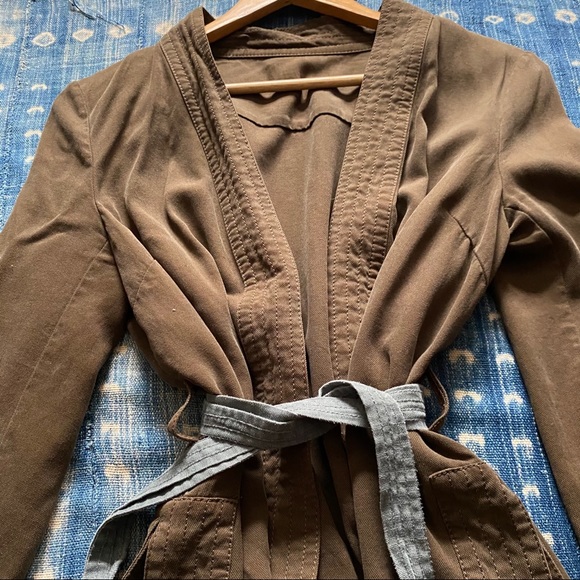 Olive Green Robe Coat with Contrast Waist tie S/M - Picture 4 of 4